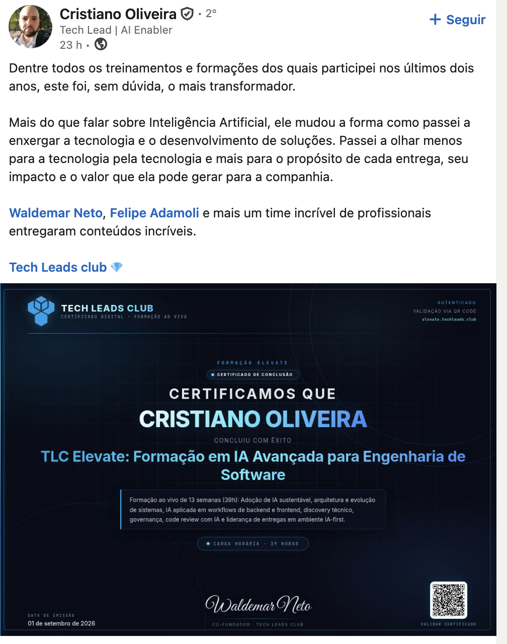 Post de Cristiano Oliveira sobre a TLC