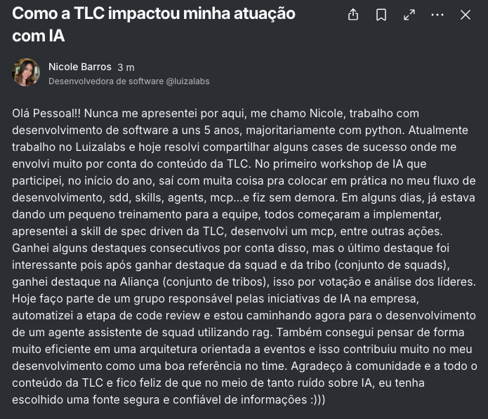 Post de Nicole Barros sobre a TLC